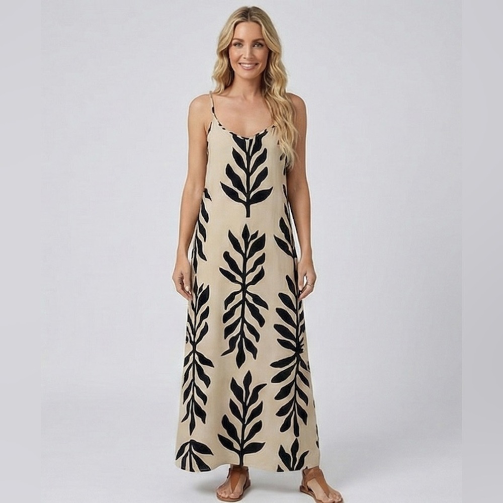 Boho Leaf Print Cami Maxi Dress Beige